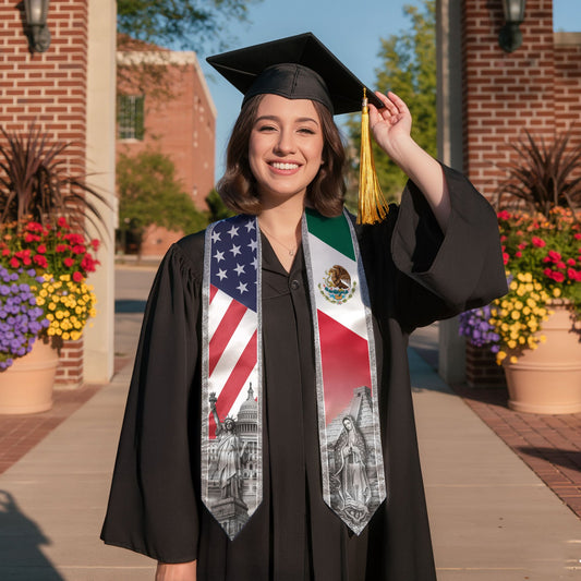 Mexican American Graduation Stole - Silver Glitter Mexico USA Flag Sash