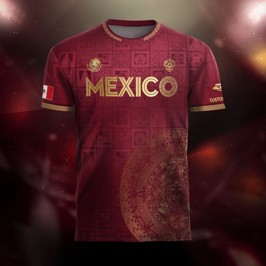 Custom Mexico Maroon Golden Aztec Calendar Soccer Jersey