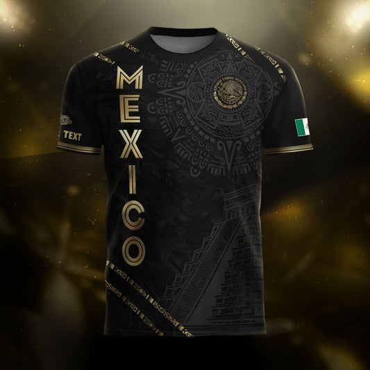 Custom Mexico Black Gold Aztec Calendar Pyramid Design Soccer Jersey