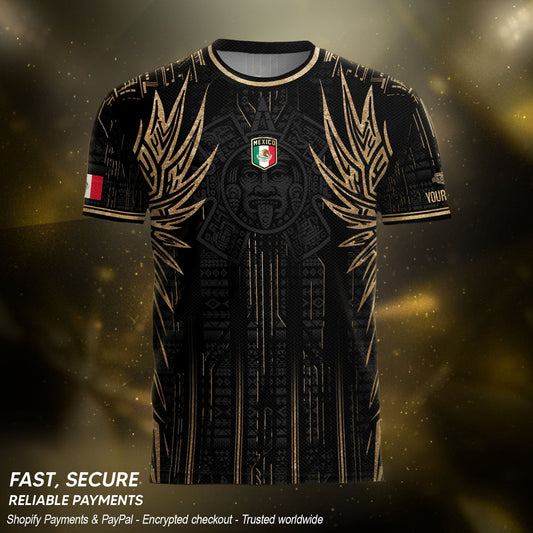 Custom Mexico Black Gold Aztec Warrior Wings Heritage Soccer Jersey