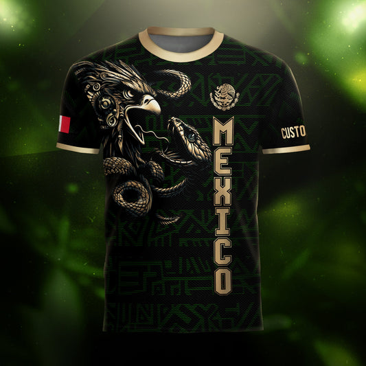 Custom Mexico Soccer Jersey Black Gold Aztec Eagle Design