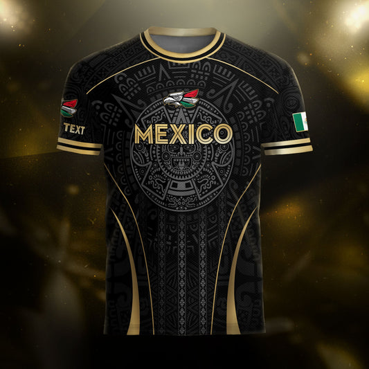 Custom Mexico Soccer Jersey Black Gold Aztec Calendar Design