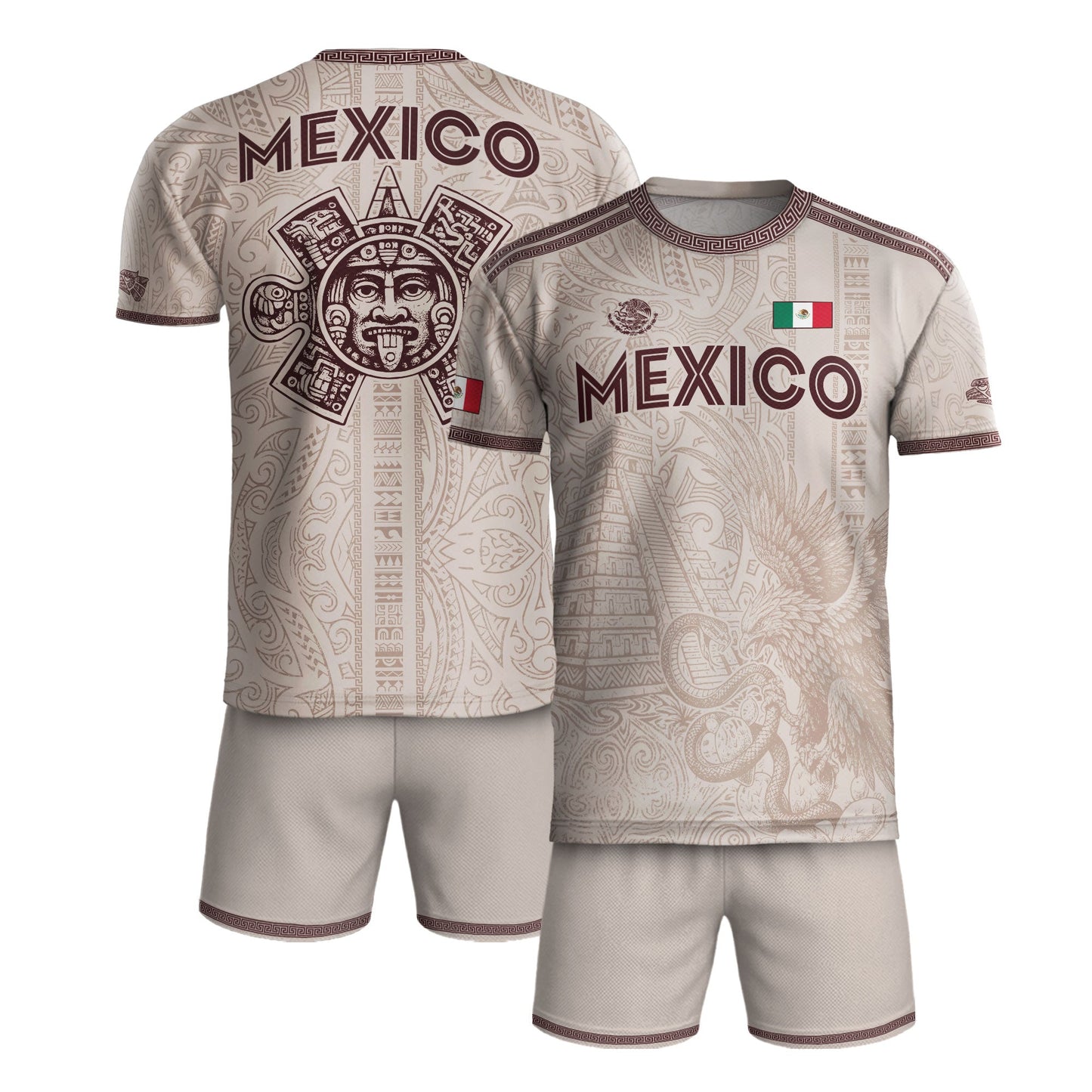 Mexico White Soccer Jersey Aztec Sun Stone Eagle Design
