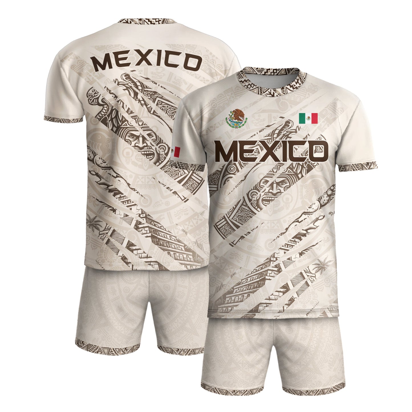 Mexico Beige Aztec Warrior Pyramid Heritage Mens Football Soccer Jersey