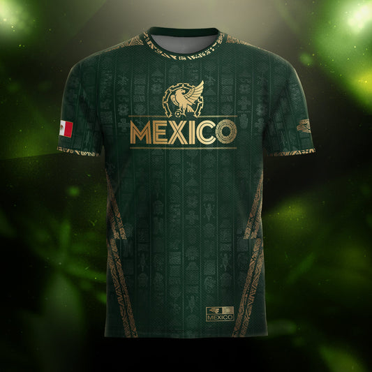Mexico Green Aztec Pattern Eagle Emblem Heritage Soccer Jersey