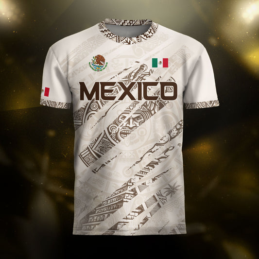 Mexico Beige Aztec Warrior Pyramid Heritage Mens Football Soccer Jersey