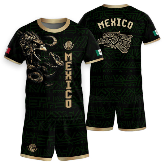 Mexico Kids Soccer Jersey Green Gold Aztec Eagle Serpent Design