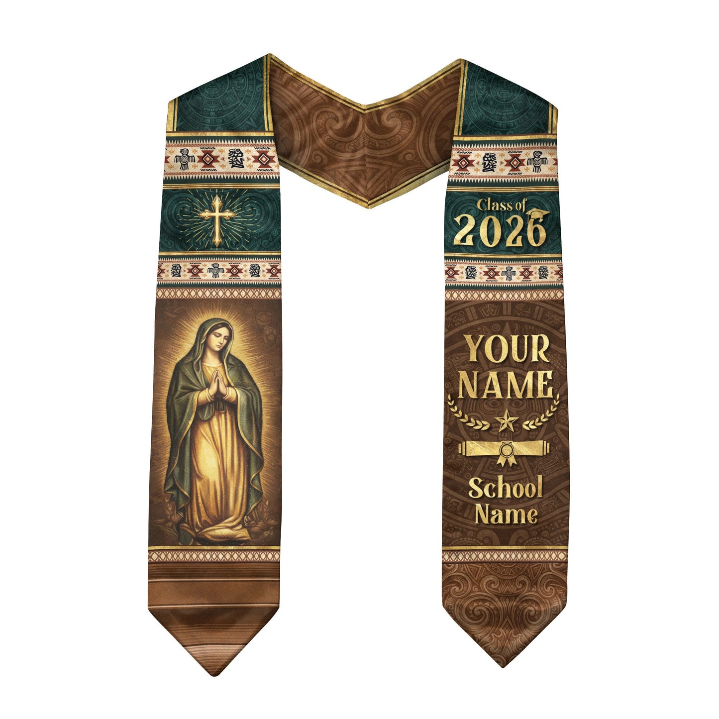 Mexican Graduation Stole Aztec Pattern Virgin Mary Cross Tribal Custom Sash 2026