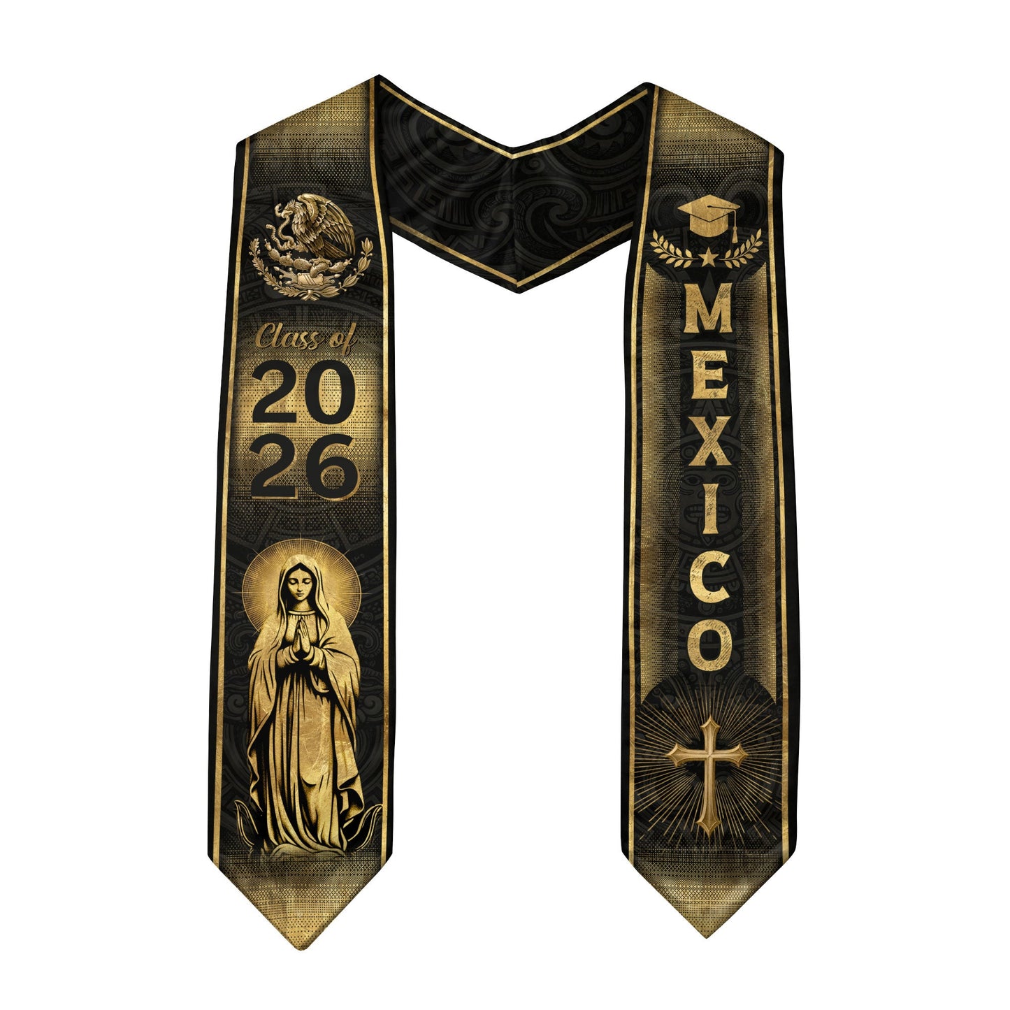 Mexican Graduation Stole Mexico Sash Aztec Eagle Virgin Mary Cross Class 2026