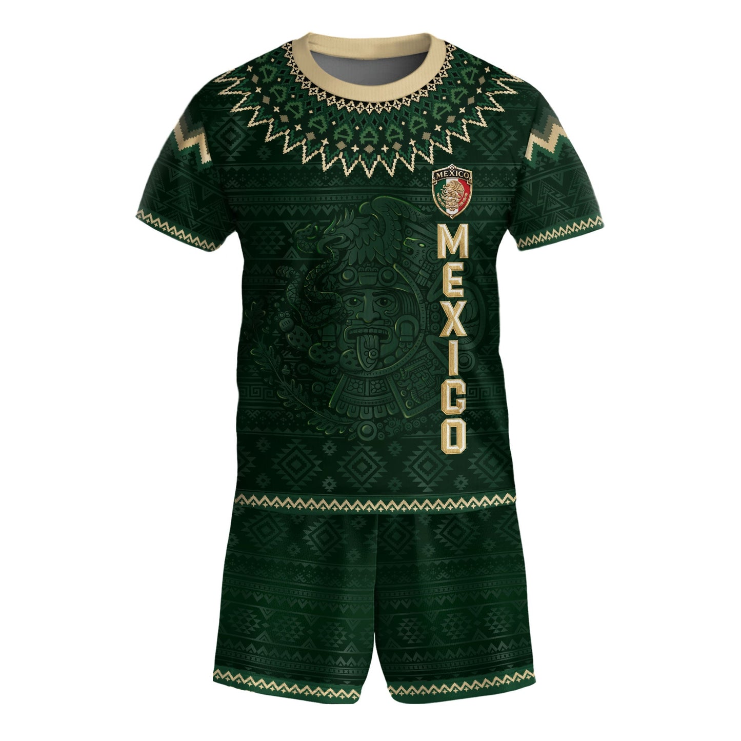 Mexico Soccer Jersey Kids Set Green Gold Aztec Calendar Youth Football Shirt Shorts