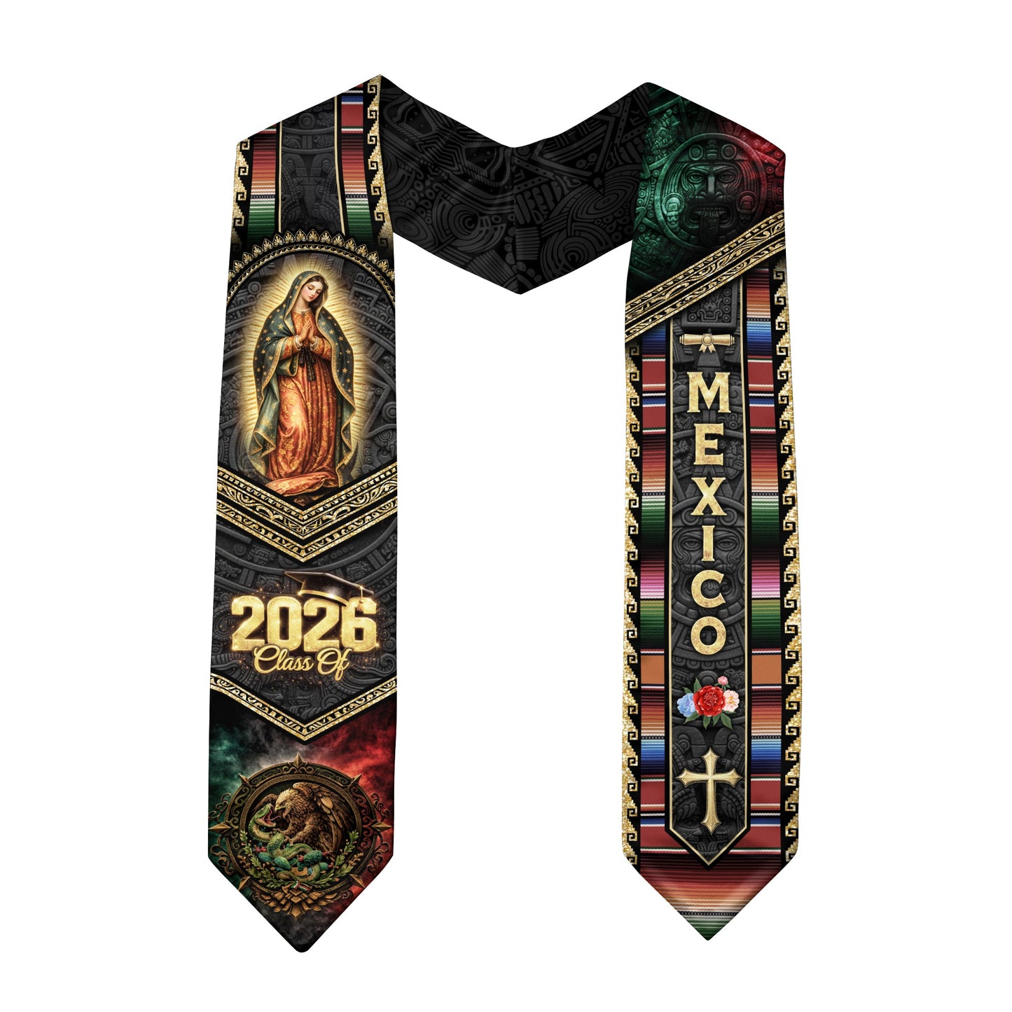 Mexican Graduation Stole Class of 2026 Aztec Virgin Mary Eagle Cross Serape Mexico Flag Sash