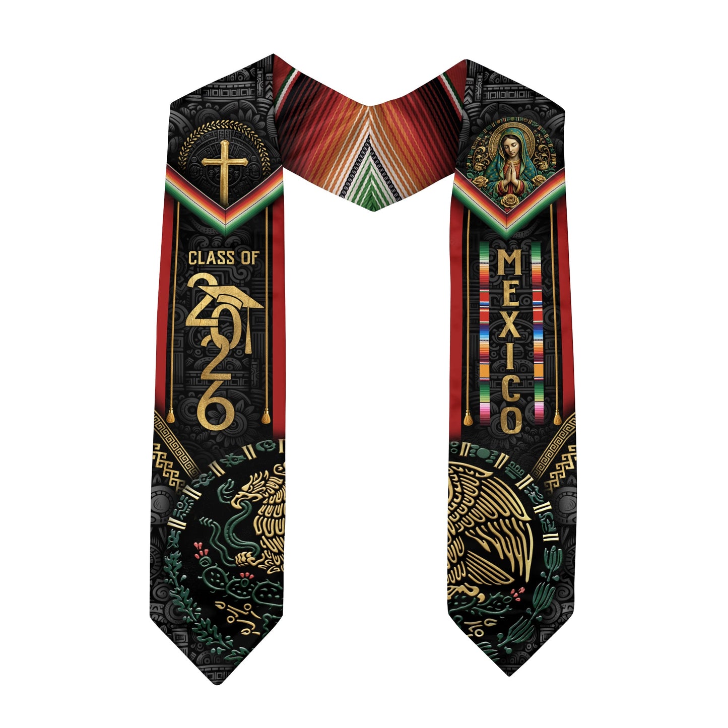 Mexican Graduation Stole Class of 2026 Aztec Calendar Eagle Cross Virgin Mary Mexico Sash