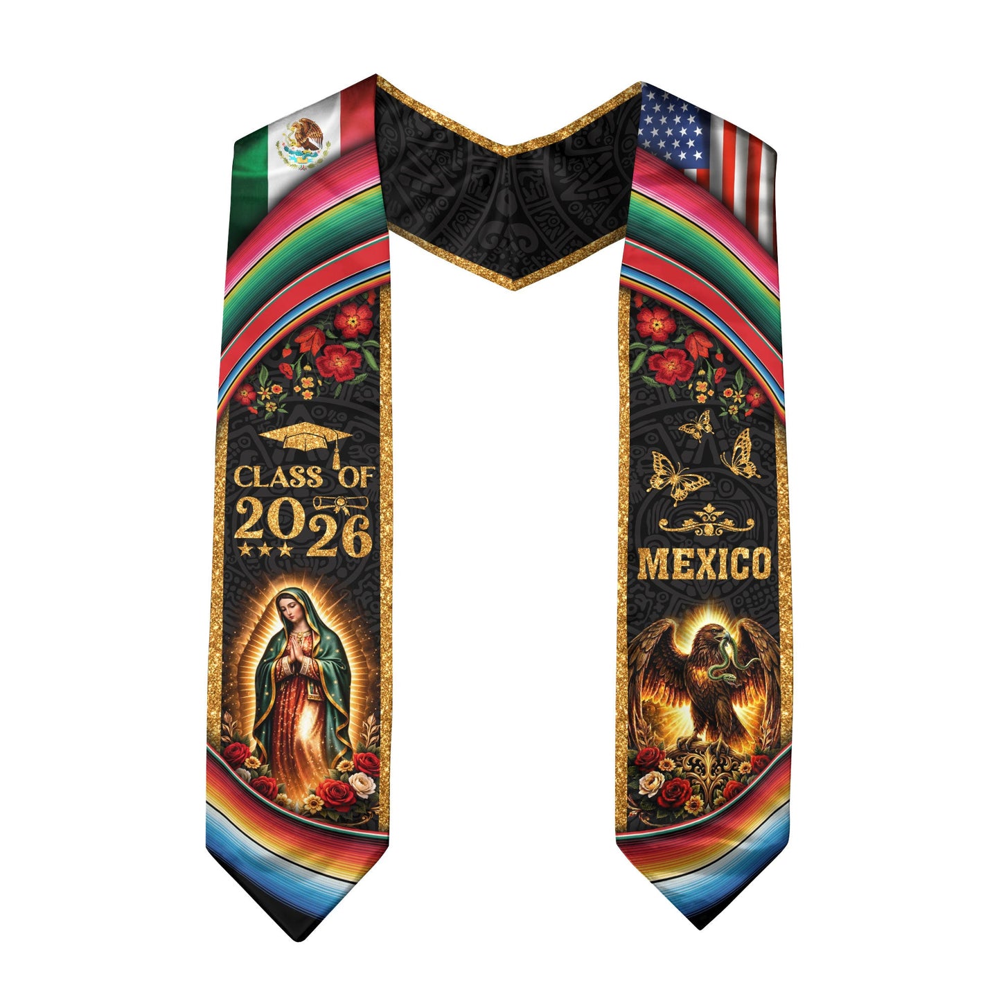Mexico Graduation Stole Class of 2026 Virgin Mary Guadalupe Eagle US Flag Serape Sash