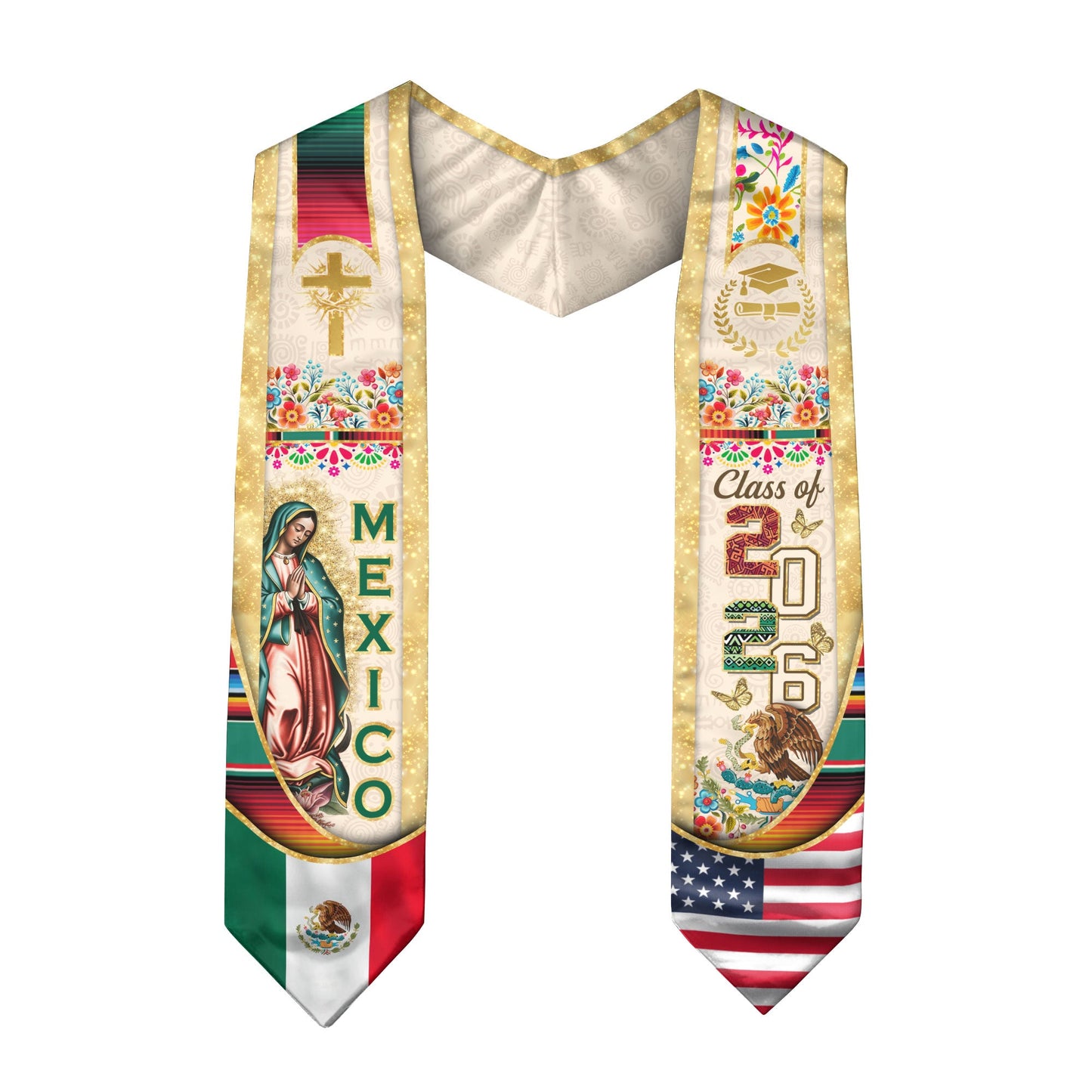 Mexican Graduation Stole Class of 2026 – Guadalupe Catholic Mexico Flag Sash
