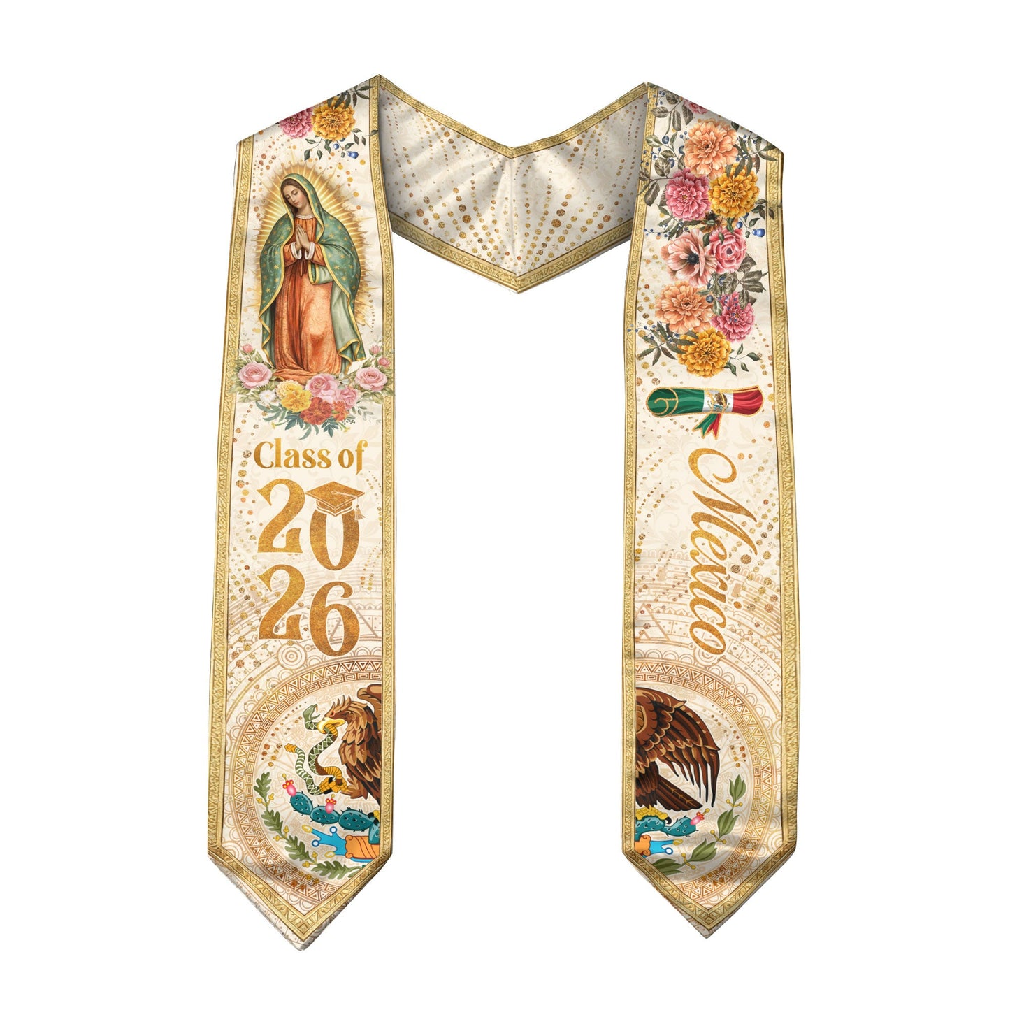 Mexico Graduation Stole 2026 Virgin Guadalupe Floral Aztec Eagle Pride Sash