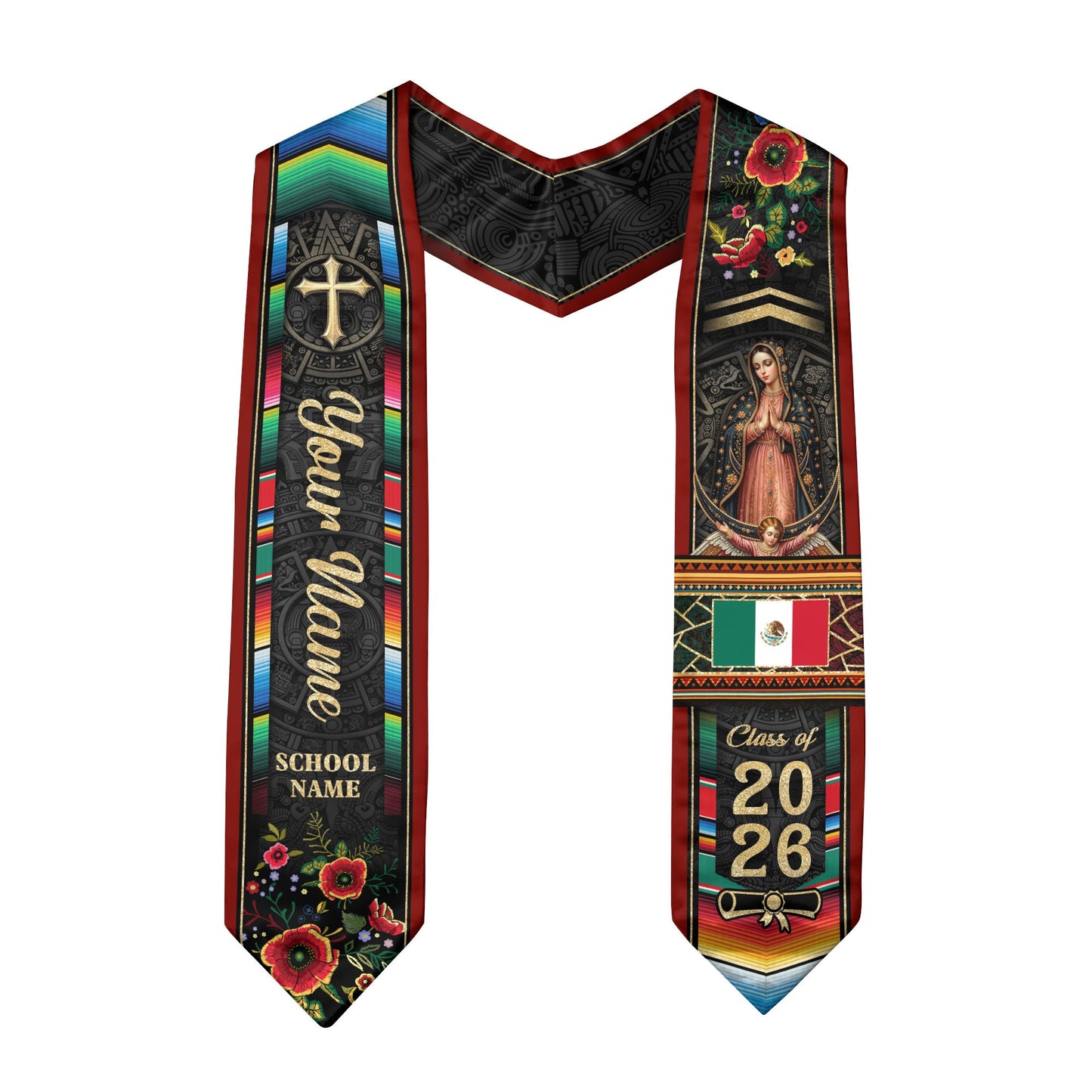 Custom Mexico Graduation Stole 2026 - Mexican Red Serape & Virgin of Guadalupe Sash