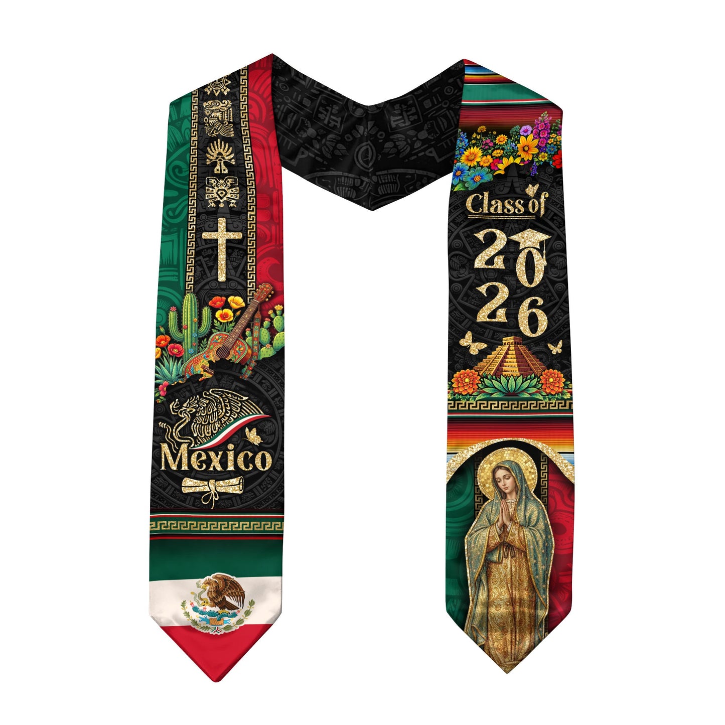Mexico Graduation Stole 2026 Virgen de Guadalupe Cross Cactus Guitar Aztec Cultural Design