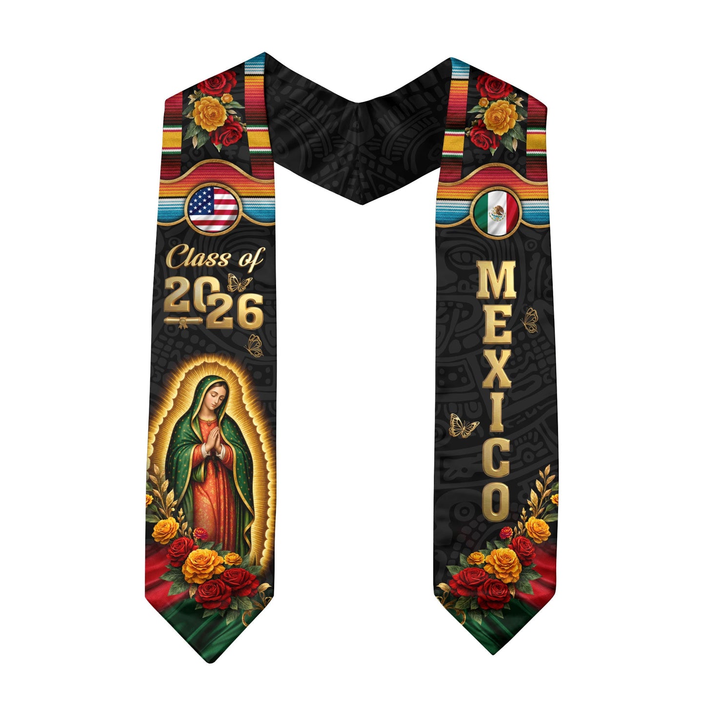 Mexico US Flag Graduation Stole 2026 - Virgin Mary Floral Serape Heritage Sash