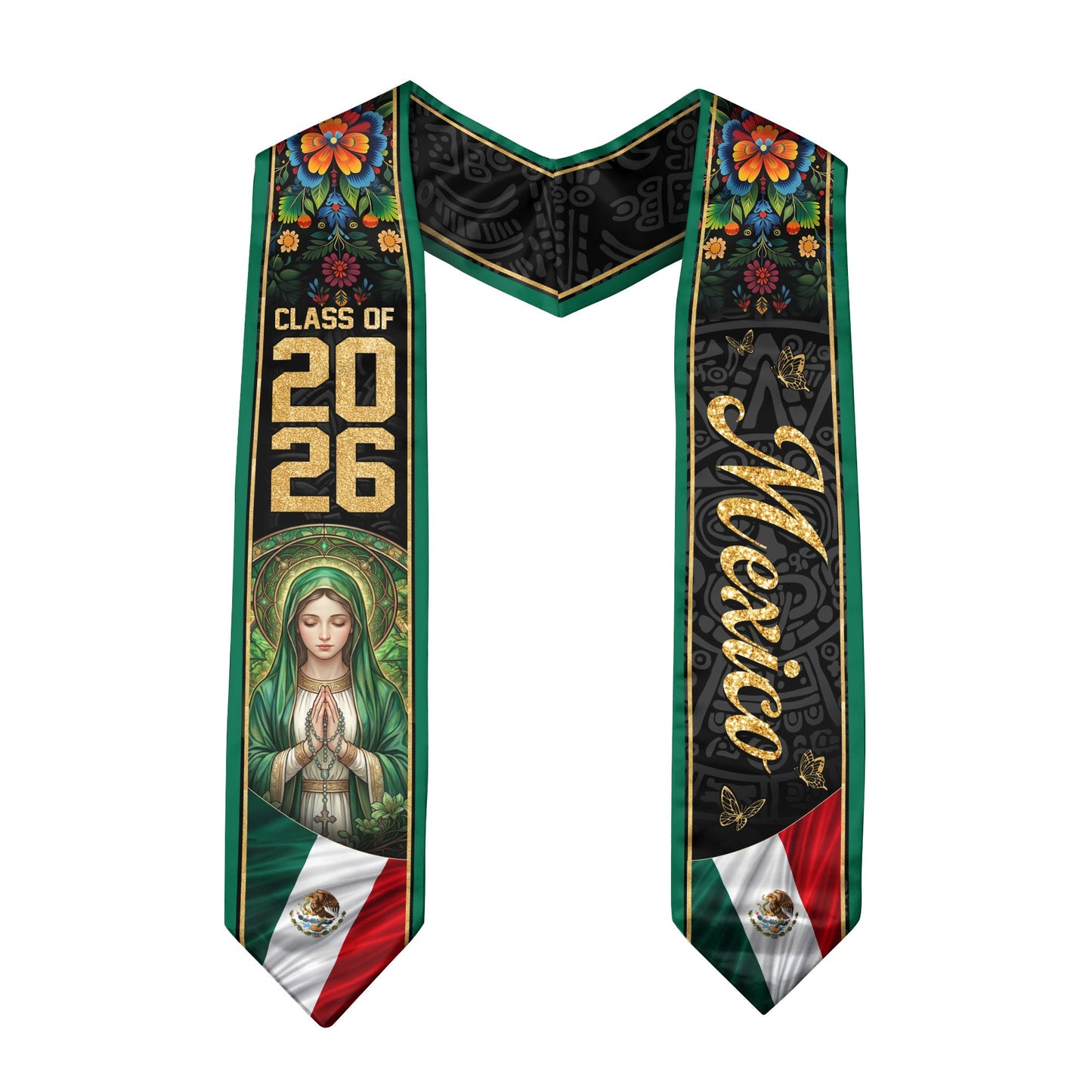Mexico Graduation Stole 2026 Virgin Mary Floral Green Heritage Sash Gift