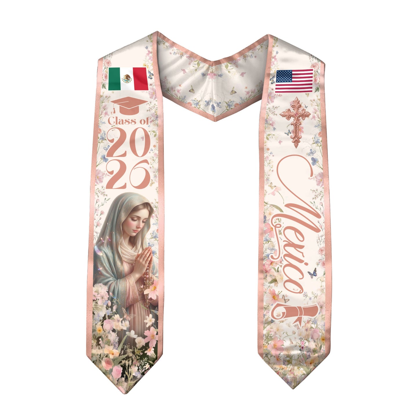 Mexican American Graduation Stole 2026 Virgin Mary Mexico USA Flag Floral Sash