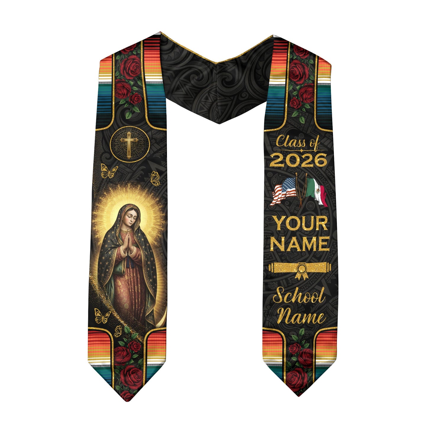Mexico Graduation Stole Custom Name Class of 2026 Virgin Mary USA Mexico Flag Sash