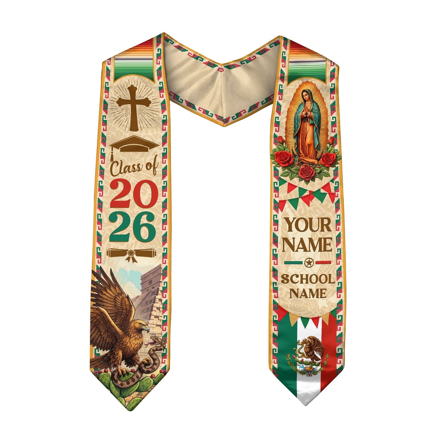 Custom Mexican Stole with Our Lady of Guadalupe & Eagle - Class of 2026 Heritage Sash