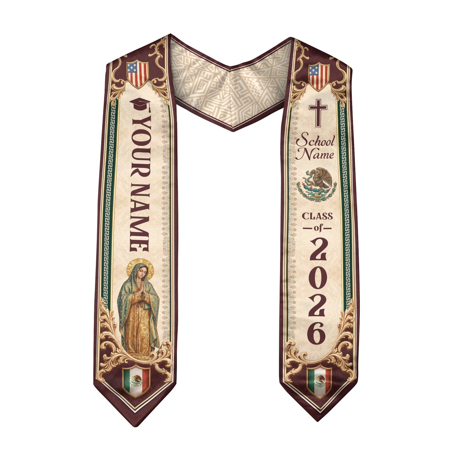 Custom Mexico US Flag Graduation Stole 2026 - Our Lady of Guadalupe Heritage Sash