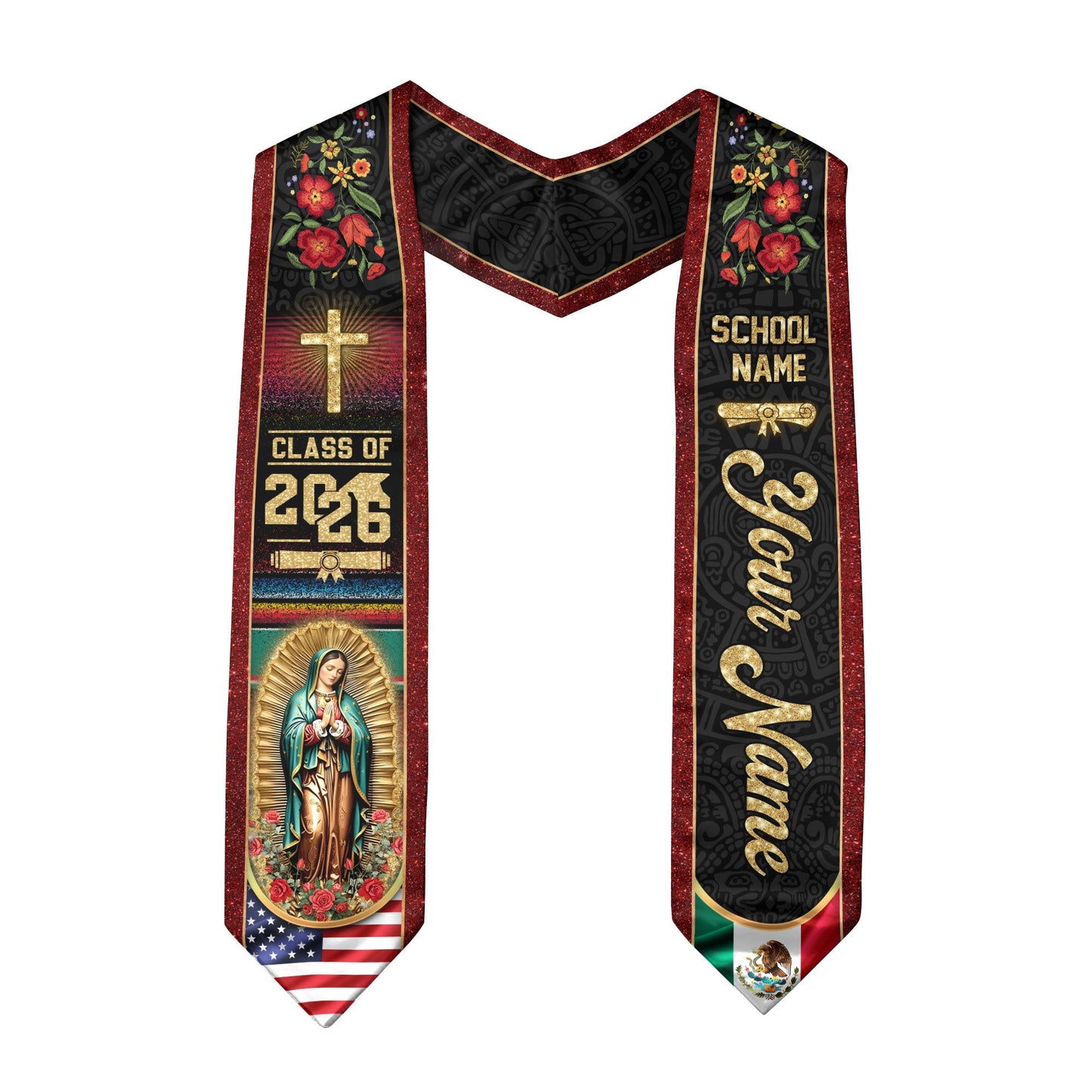 Personalized Mexico US Flag Graduation Sash 2026 - Virgin Mary Floral Stole Gold