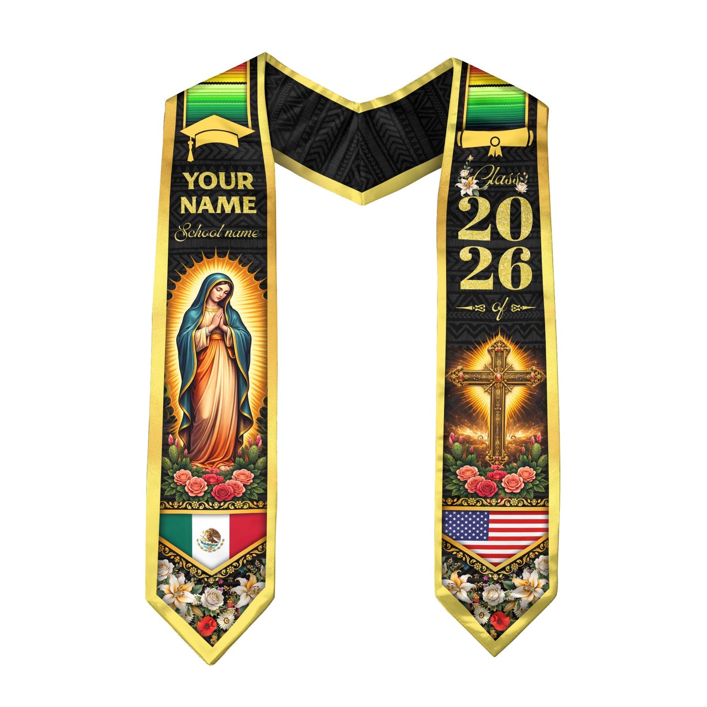 Custom Mexico USA Flag Graduation Stole 2026 Virgin Mary Cross Heritage Sash