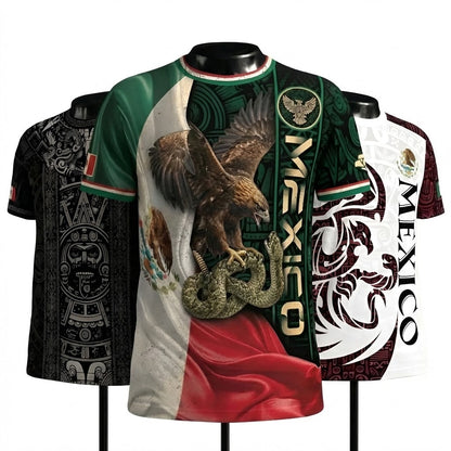 Mexico Aztec Heritage Shirt 3-Pack Bundle – Sun Stone Black Pattern + Pyramid Warrior Spirit + Flag Eagle Serpent National Pride
