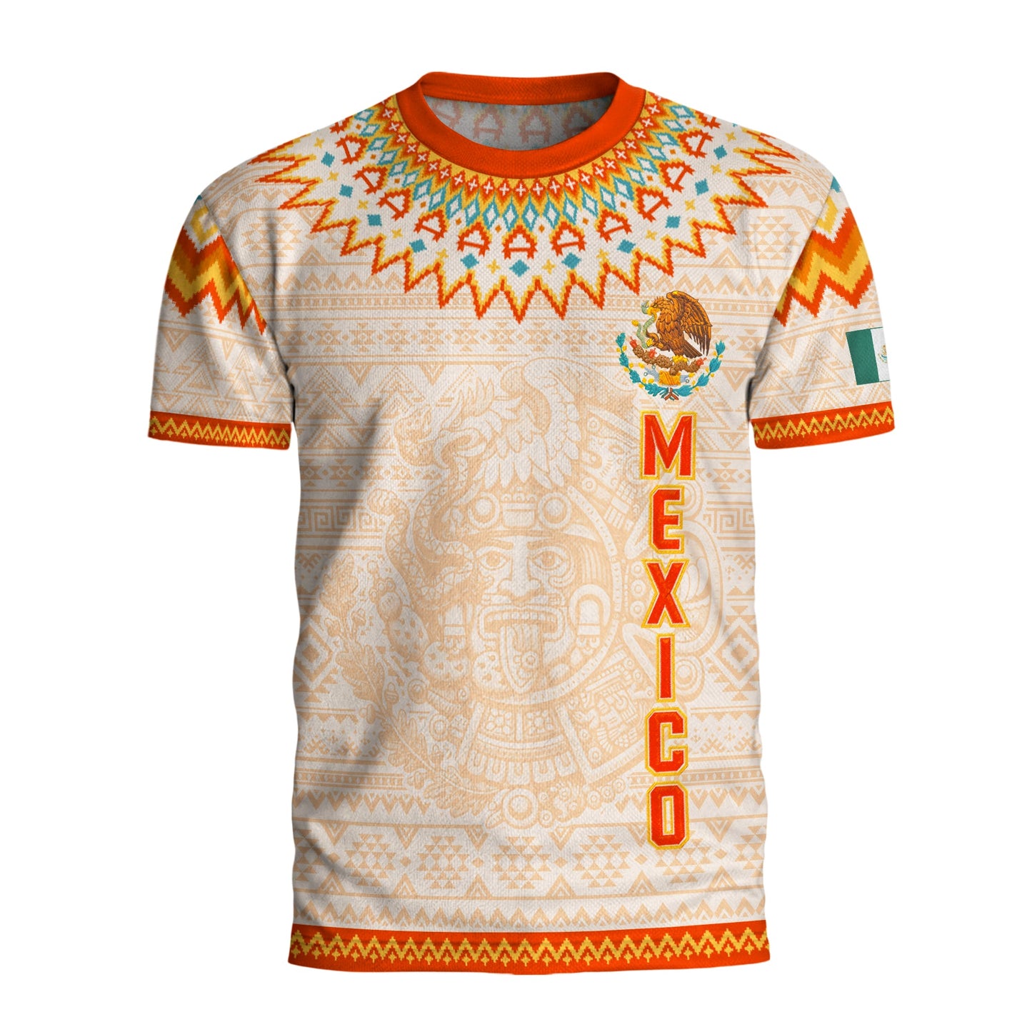 Mexico Cream Orange Heritage Soccer Jersey, Aztec Pattern Mexican Roots Design Jersey For Men