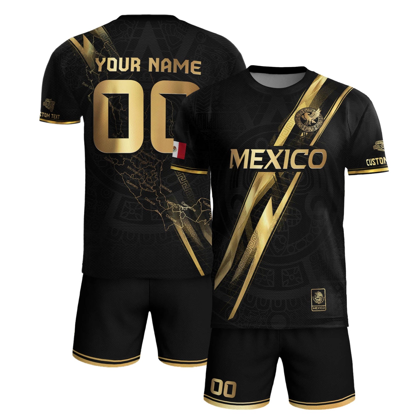 Custom Mexico Black Gold Soccer Jersey with Heritage Map Stripe Design