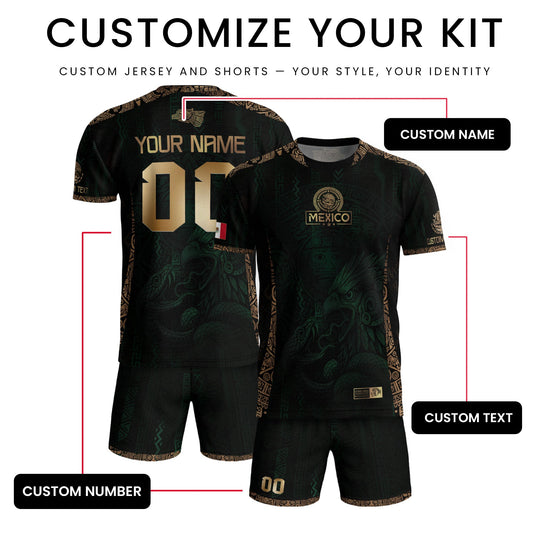 Custom Mexico Green Gold Soccer Jersey with Aztec Eagle Warrior Design