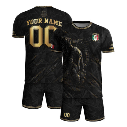 Custom Mexico Black Gold Eagle and Serpent Aztec Heritage Soccer Jersey