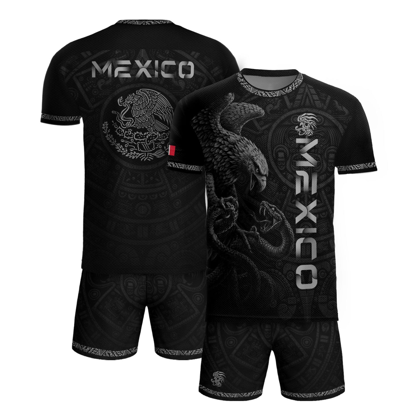 Mexico Coat of Arms Black Silver Eagle Snake Battle Aztec Calendar Heritage Soccer Jersey