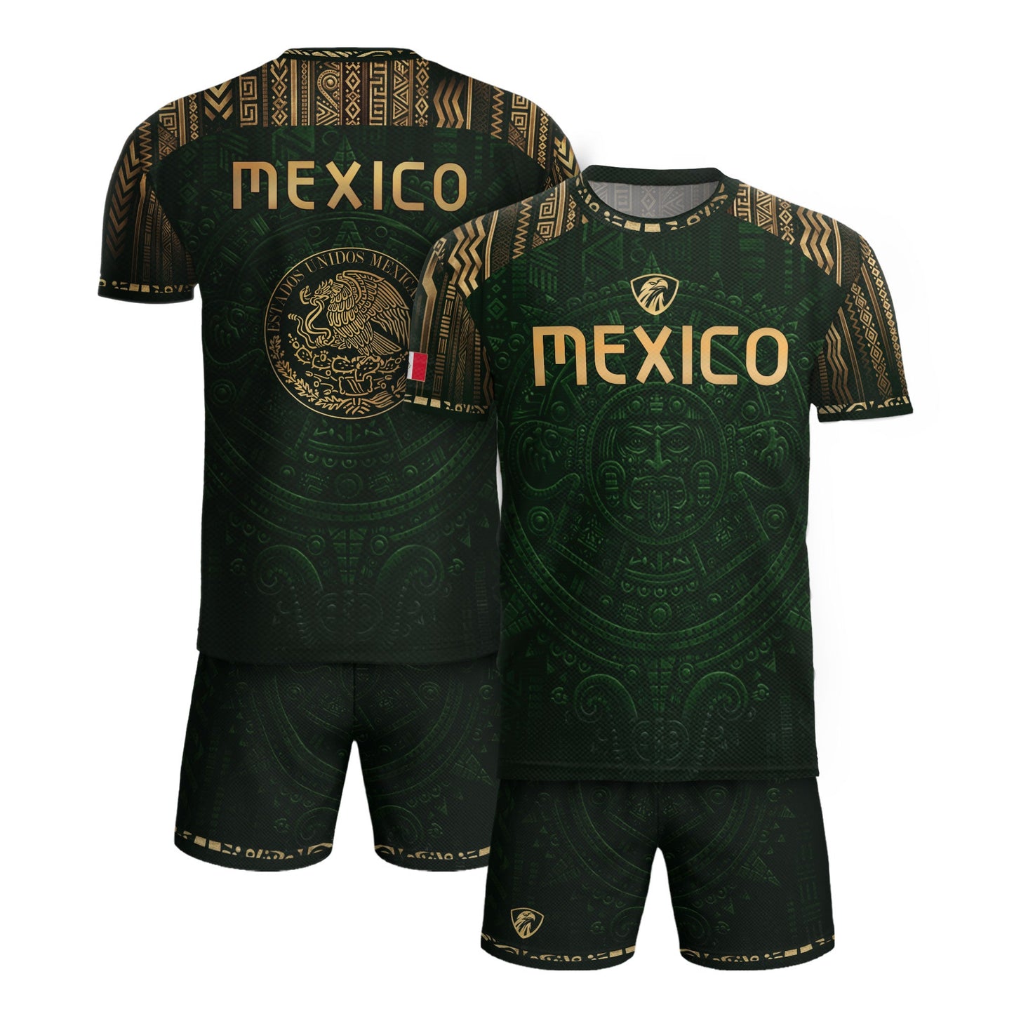 Mexico Heritage Orgullo Mexicano Green Gold Aztec Calendar Sun Stone Soccer Jersey
