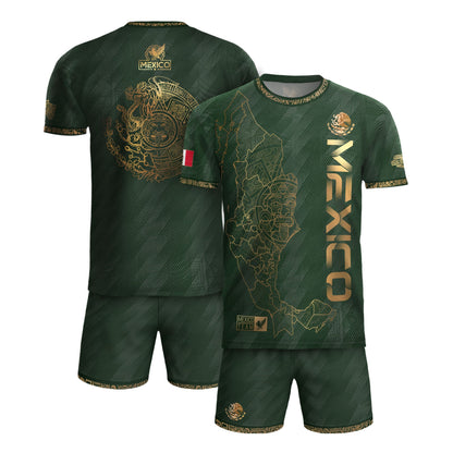 Mexico Heritage Orgullo Mexicano Green Gold Country Map Aztec Calendar Soccer Jersey