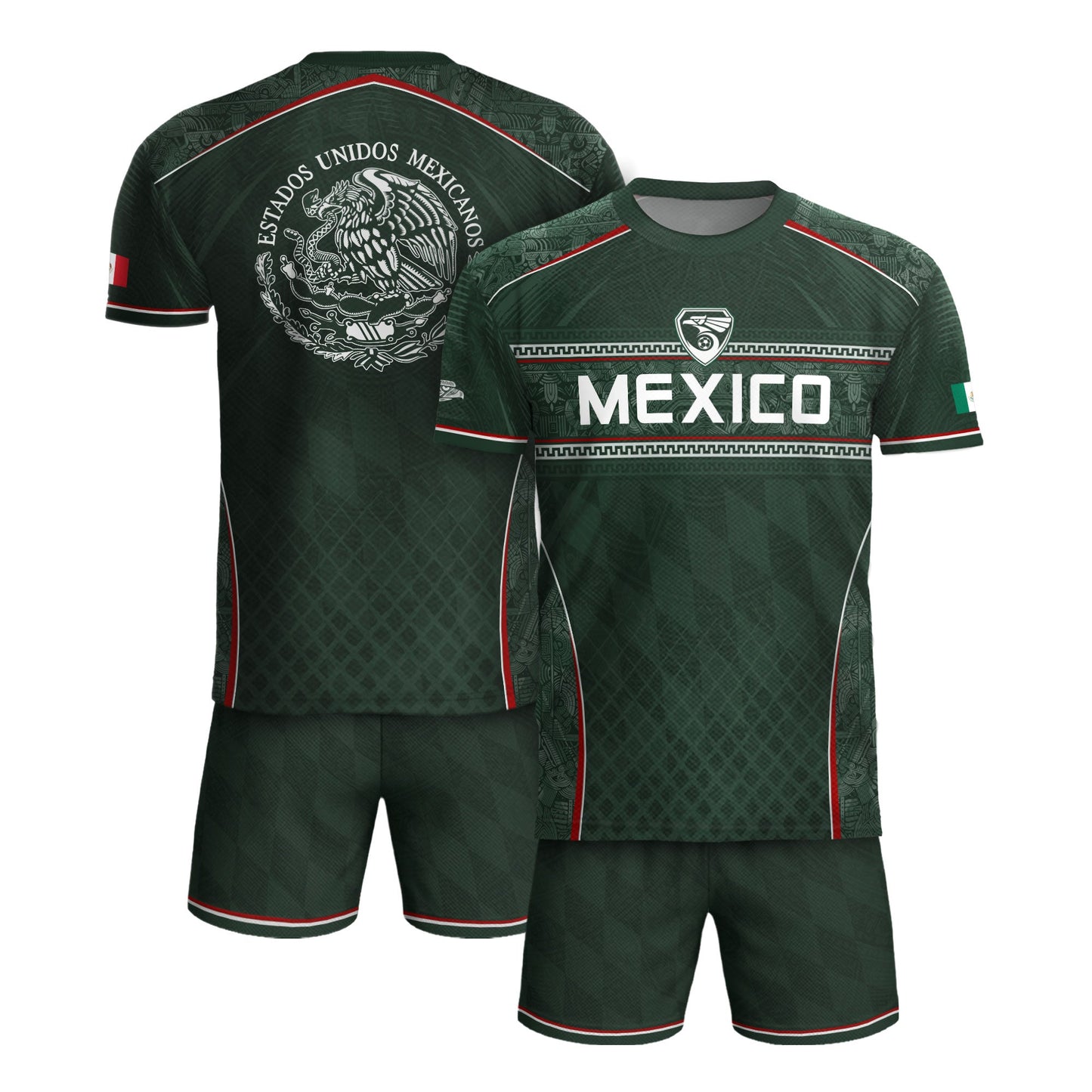 Mexico Soccer Green White Aztec Pattern Football Design - Mexico Fan Heritage Style Shirt