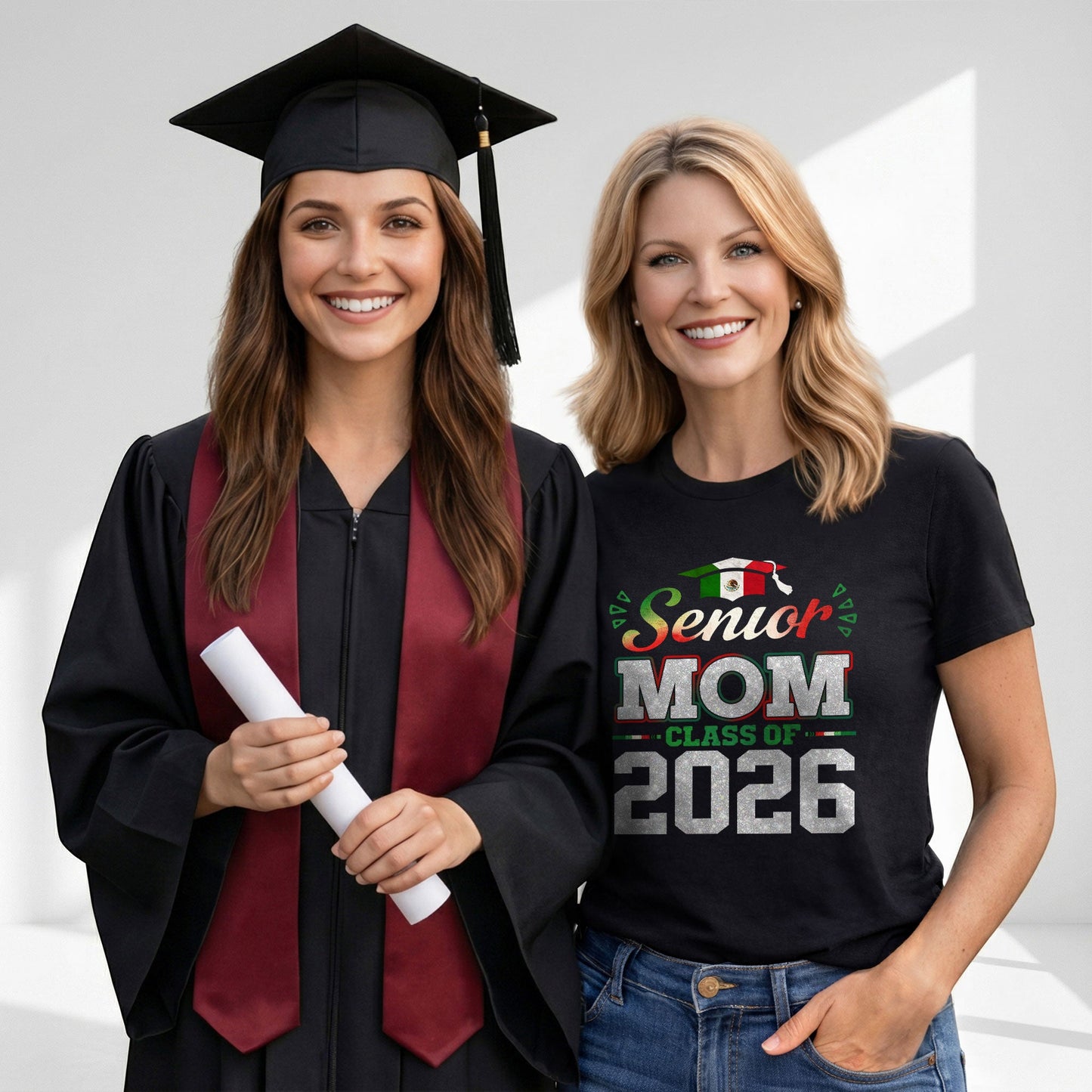 Senior Family 2026 Mexico Flag Varsity Shirt - Proud Mexican Silver Glitter Graduation Tee..