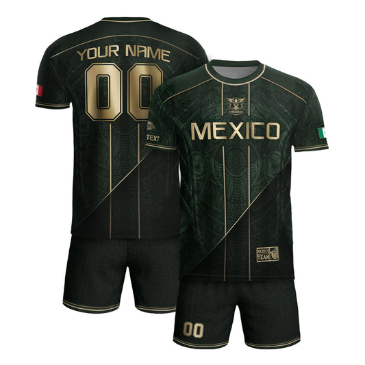Mexico Soccer Jersey Personalized Name Number Green Aztec Sun Stone Design Kit