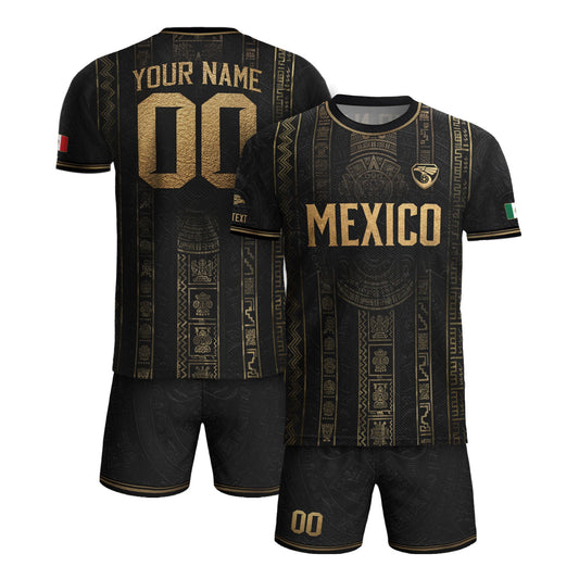 Mexico Soccer Jersey Personalized Name Number Black Aztec Glyph Black Football Kit
