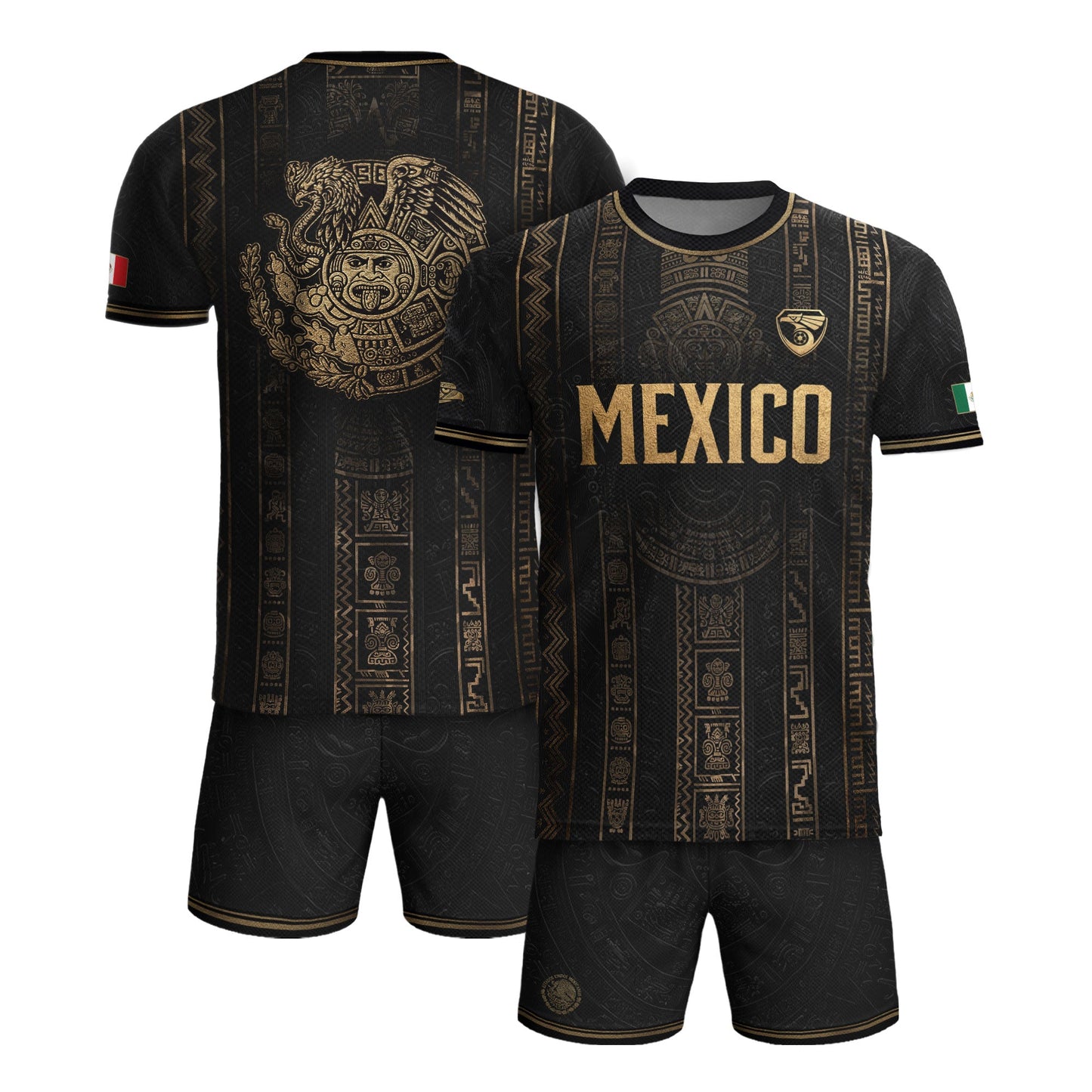 Mexico Soccer Jersey Black Eagle Crest Football Fan Men Shirt Aztec Design Tee