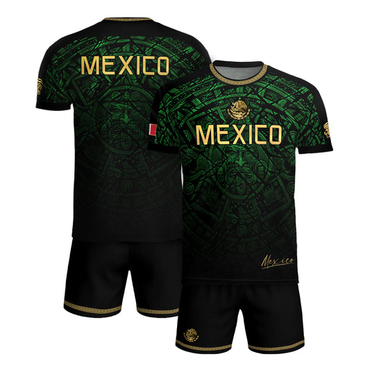 Mexico Soccer Jersey Green Black Aztec Sun Stone - Mexico Fan Heritage Style Shirt