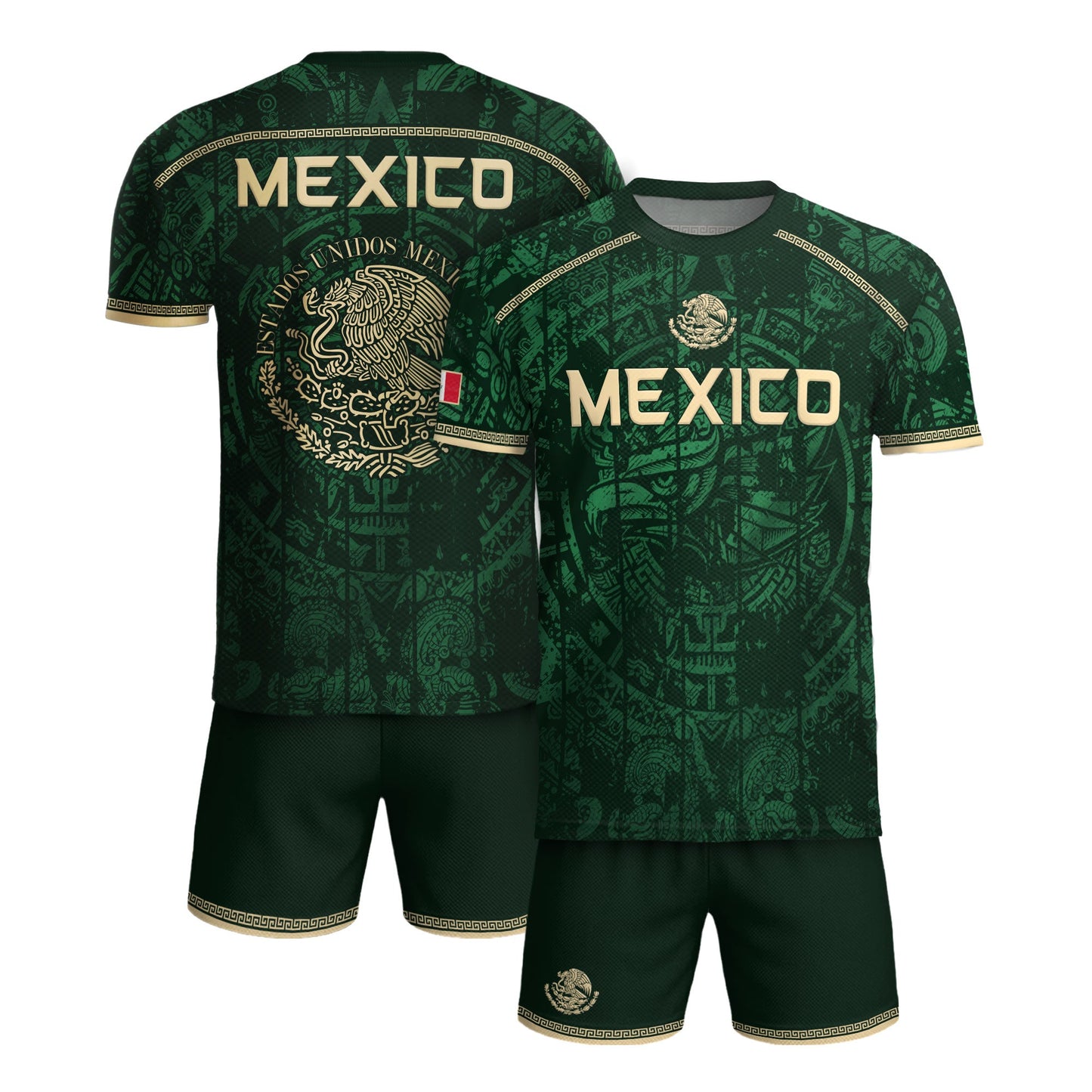 Mexico Soccer Jersey Green Eagle Crest - Aztec Sun Stone Heritage Fan Football Men Shirt