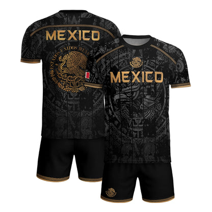 Mexico Soccer Jersey Black Eagle Crest - Aztec Sun Stone Heritage Fan Football Shirt