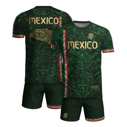 Mexico Soccer Jersey Green Gold Aztec Sun Stone - Mexico National Team Fan Heritage Shirt