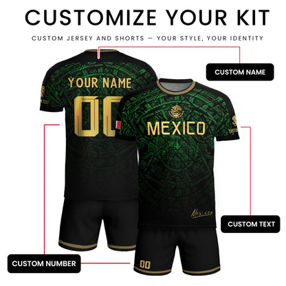 Custom Mexico Soccer Jersey – Green Aztec Calendar Pattern Black Football Shirt