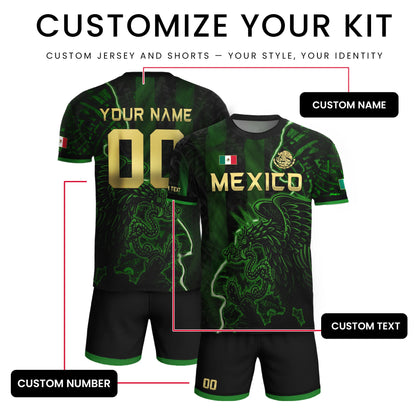 Custom Mexico Soccer Jersey – Black Green Aztec Serpent Lightning Football Shirt