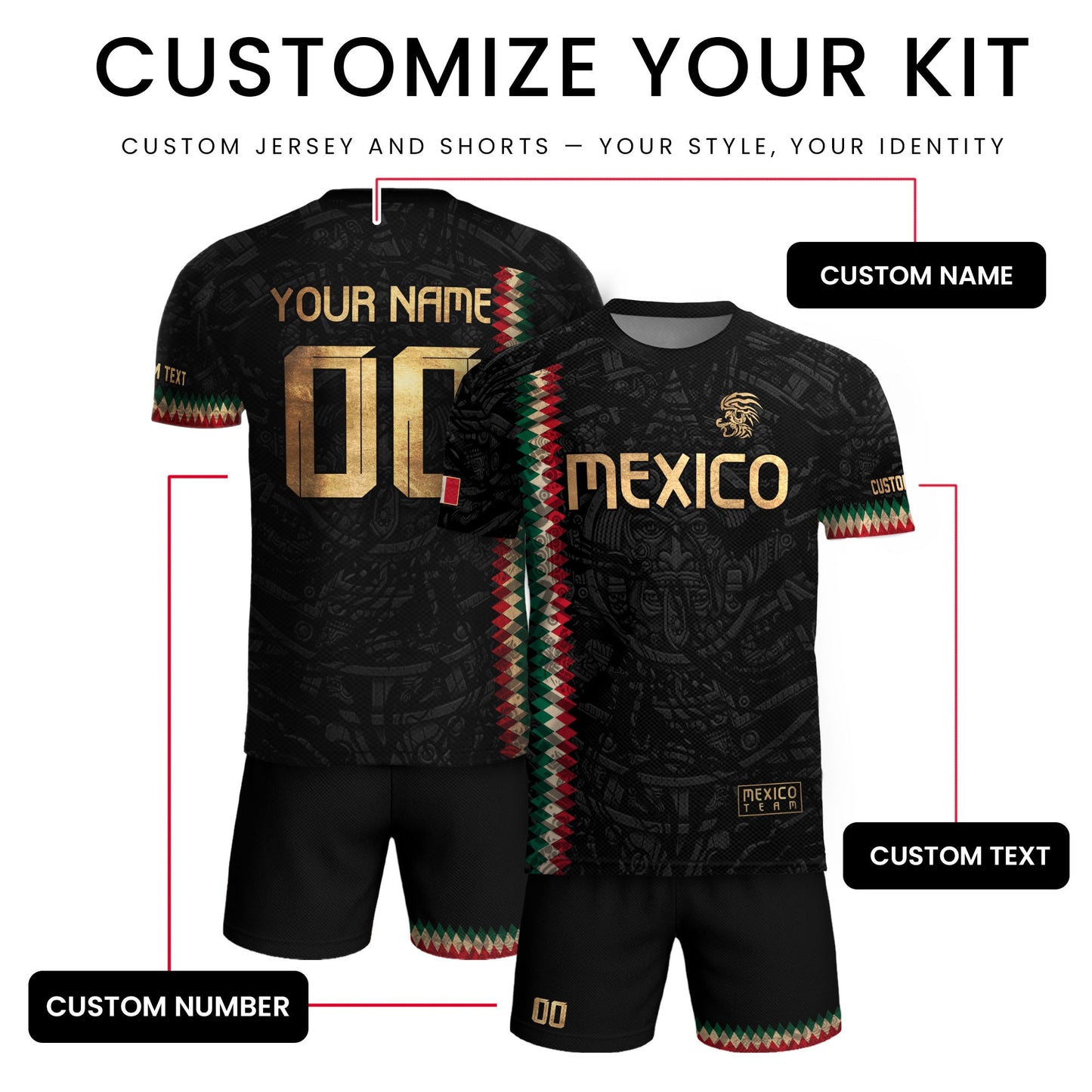 Custom Mexico Soccer Jersey Men Women Black Gold Mexican Football Jersey Playera De Mexico Jersey De Mexico