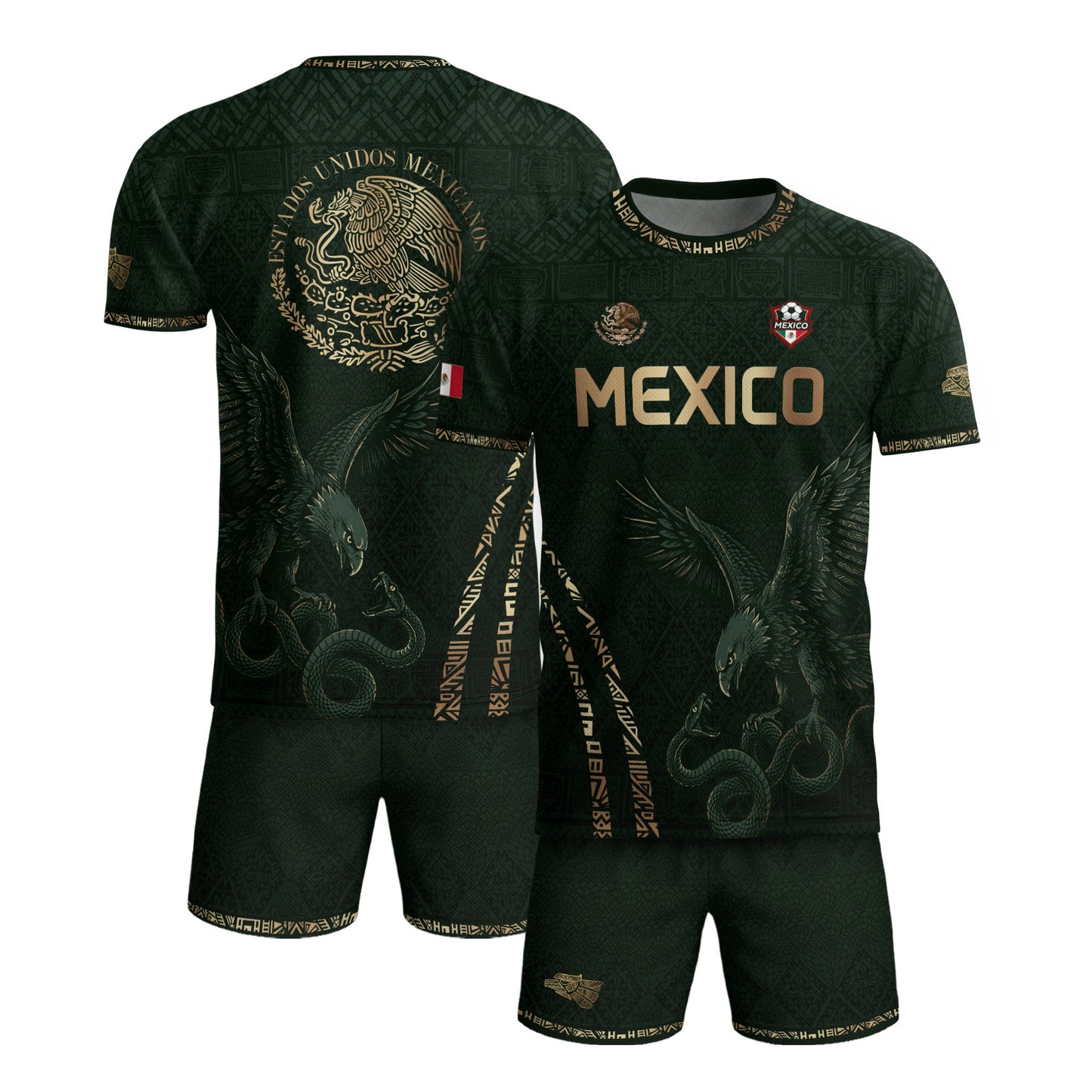 Green Mexico Soccer Jersey Gold Eagle Snake Aztec Mexican Football Shirt